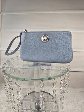 Michael Kors Light Blue Pebbled Leather Wristlet with MK Logo